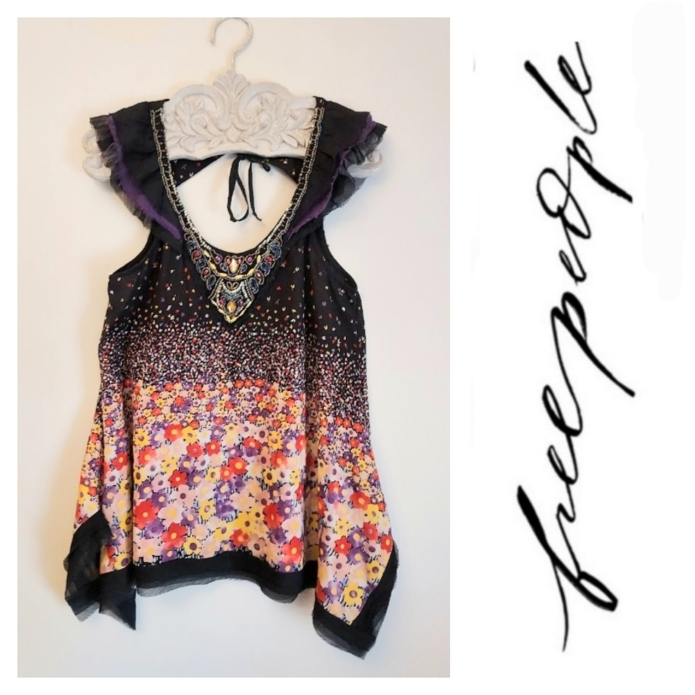 Free People Boho Sleeveless Floral Flutter Sleeve Tank Tunic Blouse Size XS